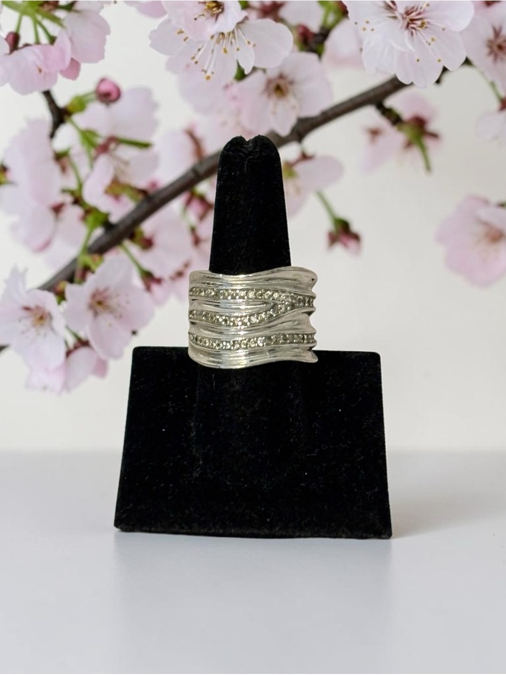 Lia Sophia Silver Plated Wavy Multi-Row Crystal Wide Band Ring Sz 9